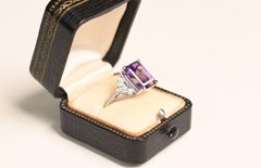 Emerald Cut Amethyst Ring. 5.60ct Natural Amethyst Round Diamond 18 White Gold