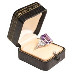 Emerald Cut Amethyst Ring. 5.60ct Natural Amethyst Round Diamond 18 White Gold