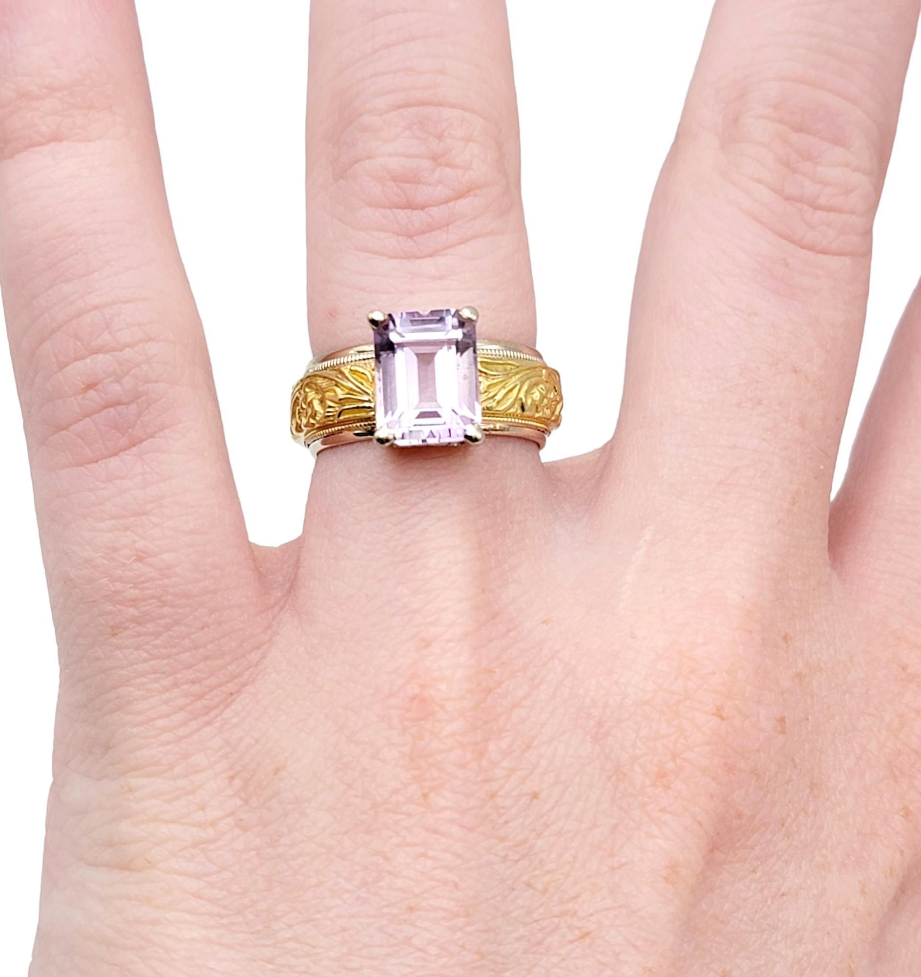 Emerald Cut Amethyst Solitaire Ring with Ornate Engraved Band in 18 Karat Gold For Sale 8