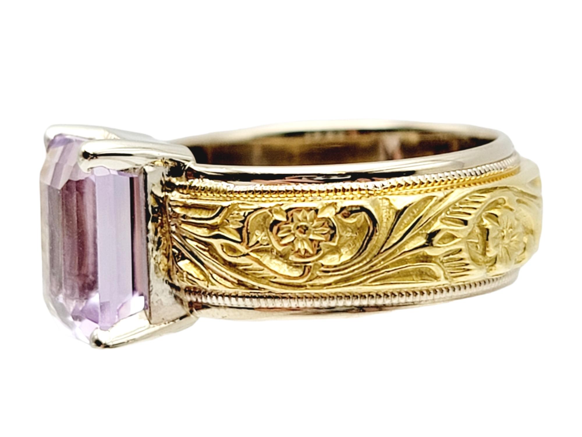 Ring size: 5

Beautiful vintage inspired amethyst band ring. Romantic and feminine, this unique ring would make a gorgeous addition to the special someone in your life.  

This pretty piece features a single prong set light purple emerald cut