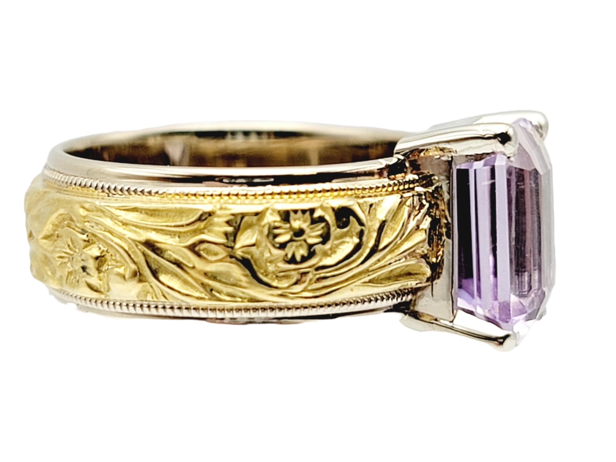 Emerald Cut Amethyst Solitaire Ring with Ornate Engraved Band in 18 Karat Gold In Good Condition For Sale In Scottsdale, AZ