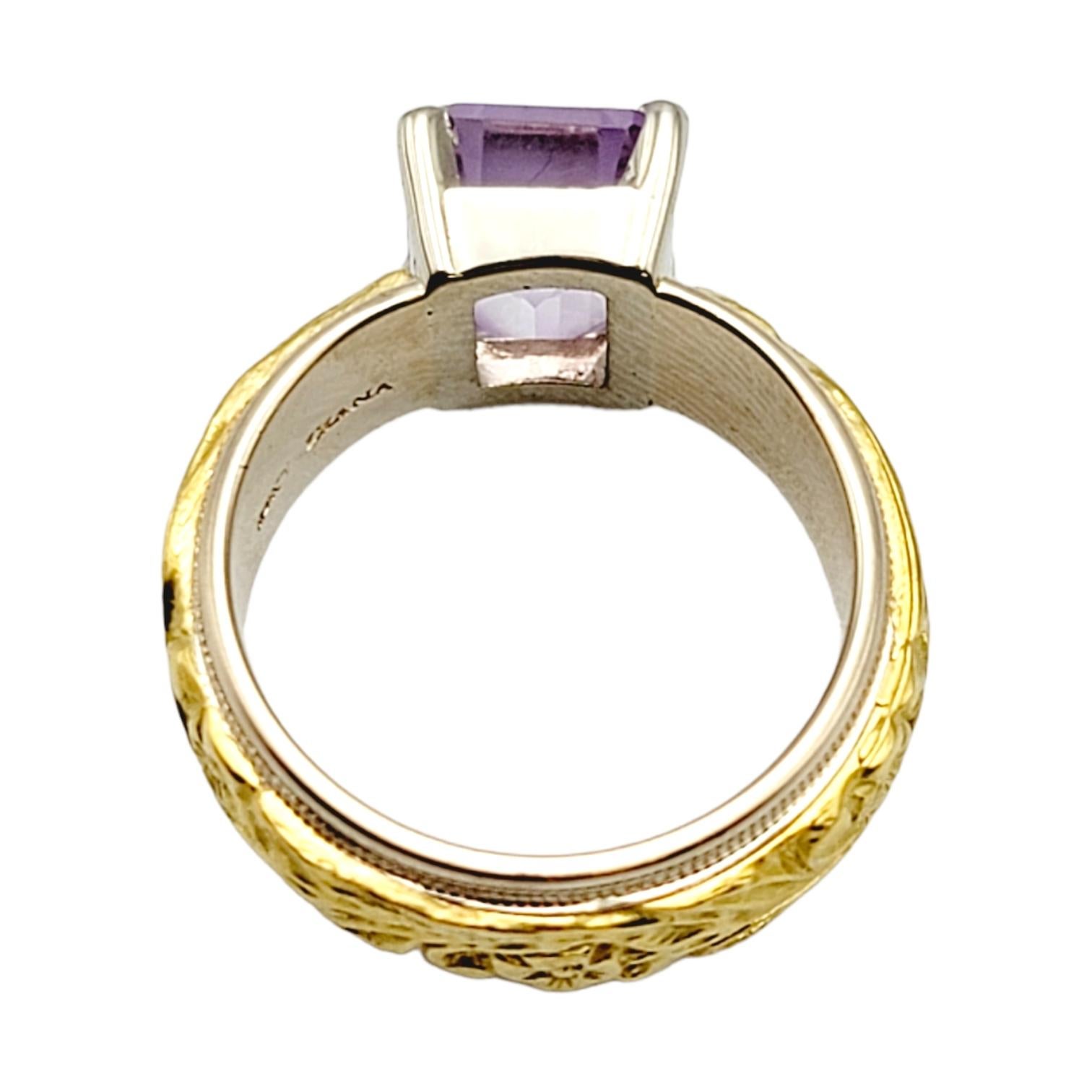 Women's Emerald Cut Amethyst Solitaire Ring with Ornate Engraved Band in 18 Karat Gold For Sale