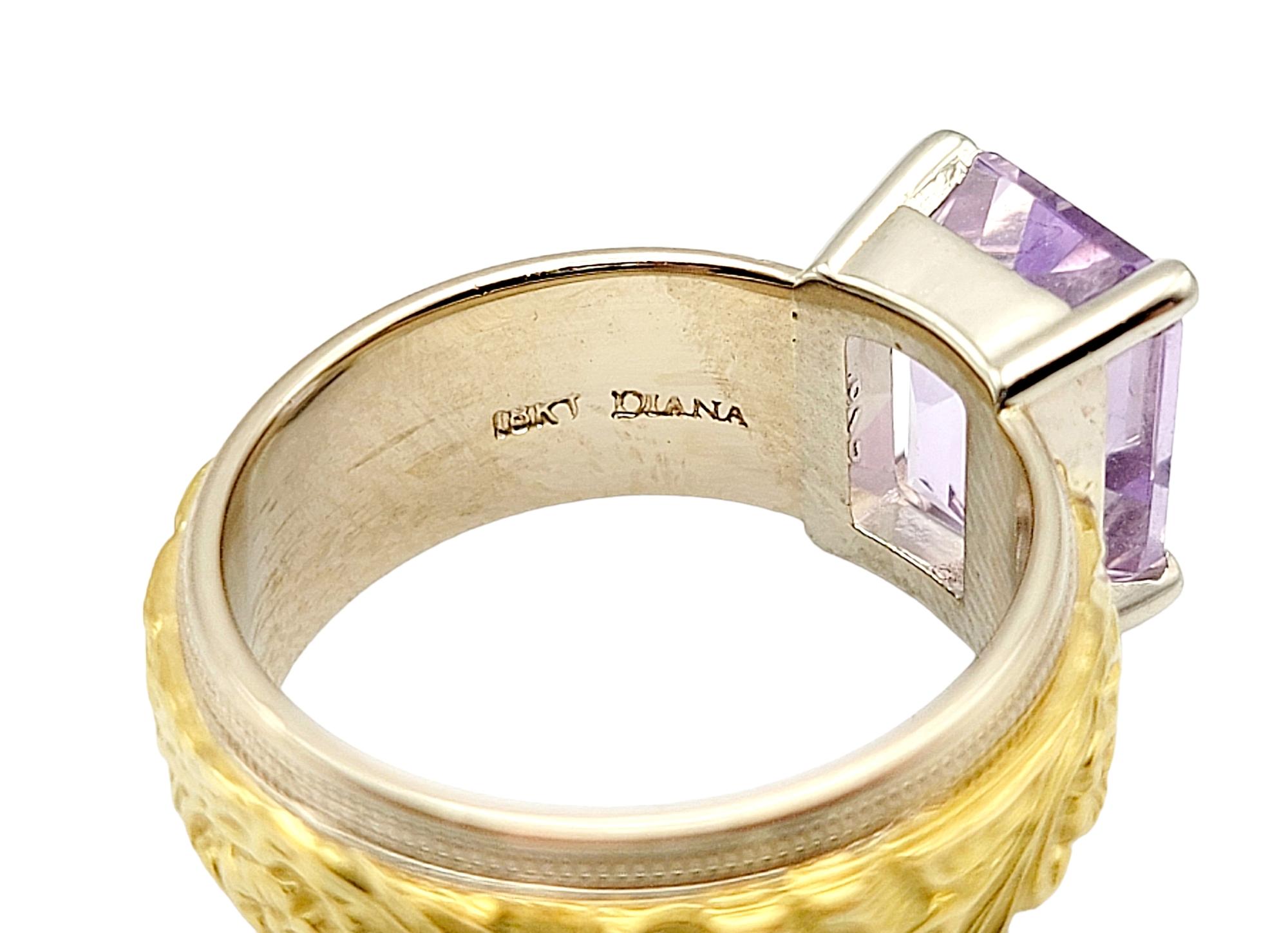 Emerald Cut Amethyst Solitaire Ring with Ornate Engraved Band in 18 Karat Gold For Sale 1