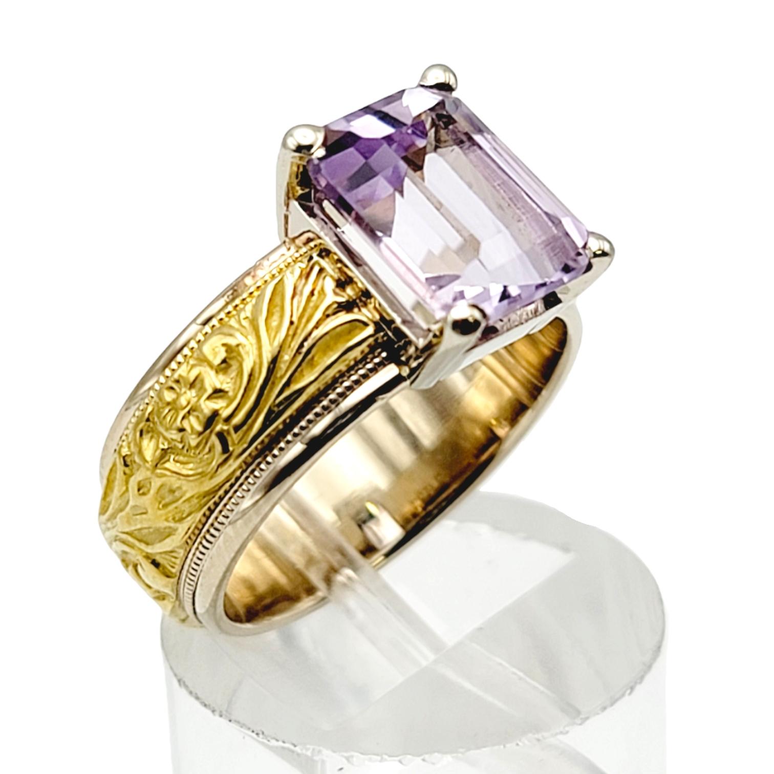 Emerald Cut Amethyst Solitaire Ring with Ornate Engraved Band in 18 Karat Gold For Sale 2