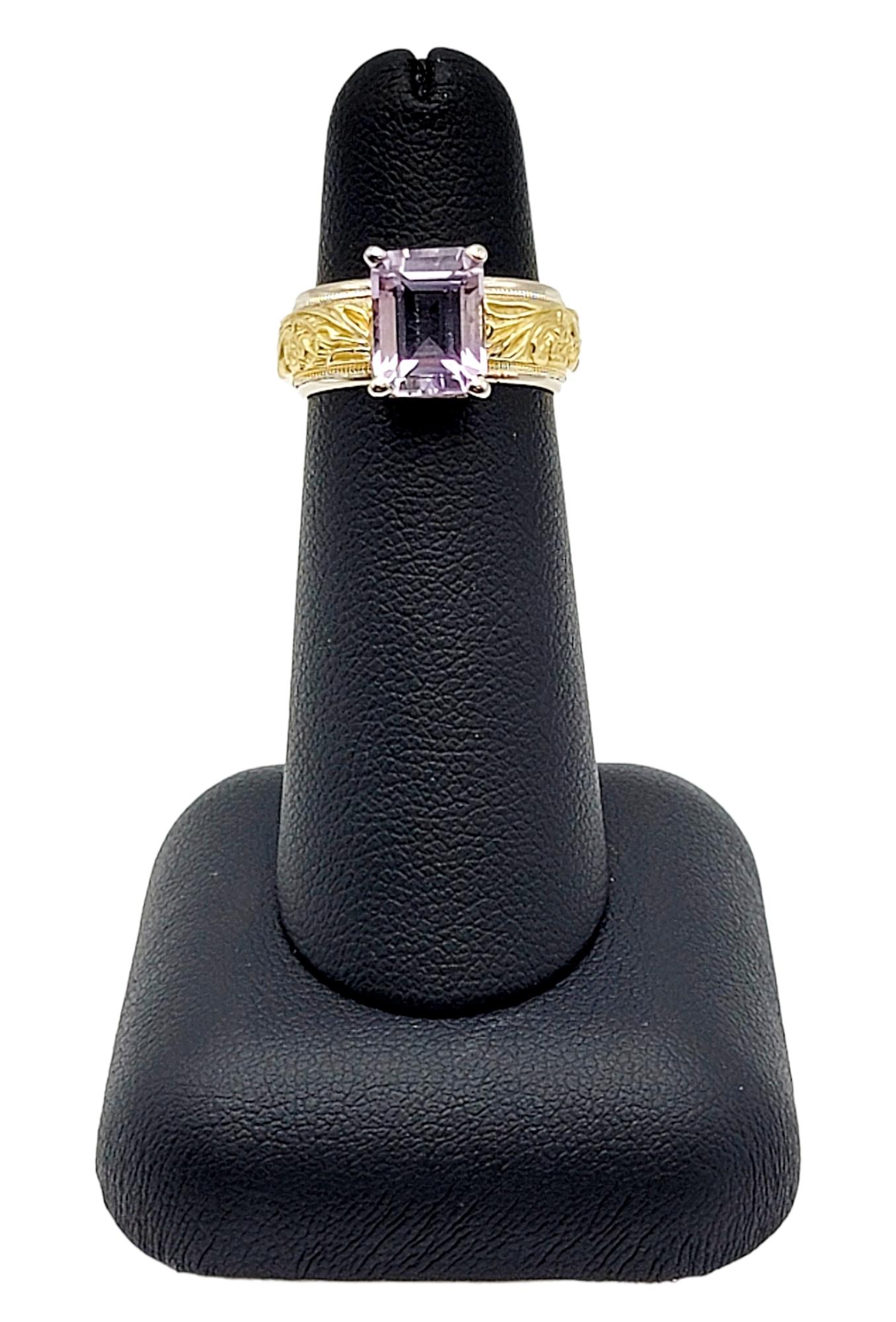 Emerald Cut Amethyst Solitaire Ring with Ornate Engraved Band in 18 Karat Gold For Sale 4