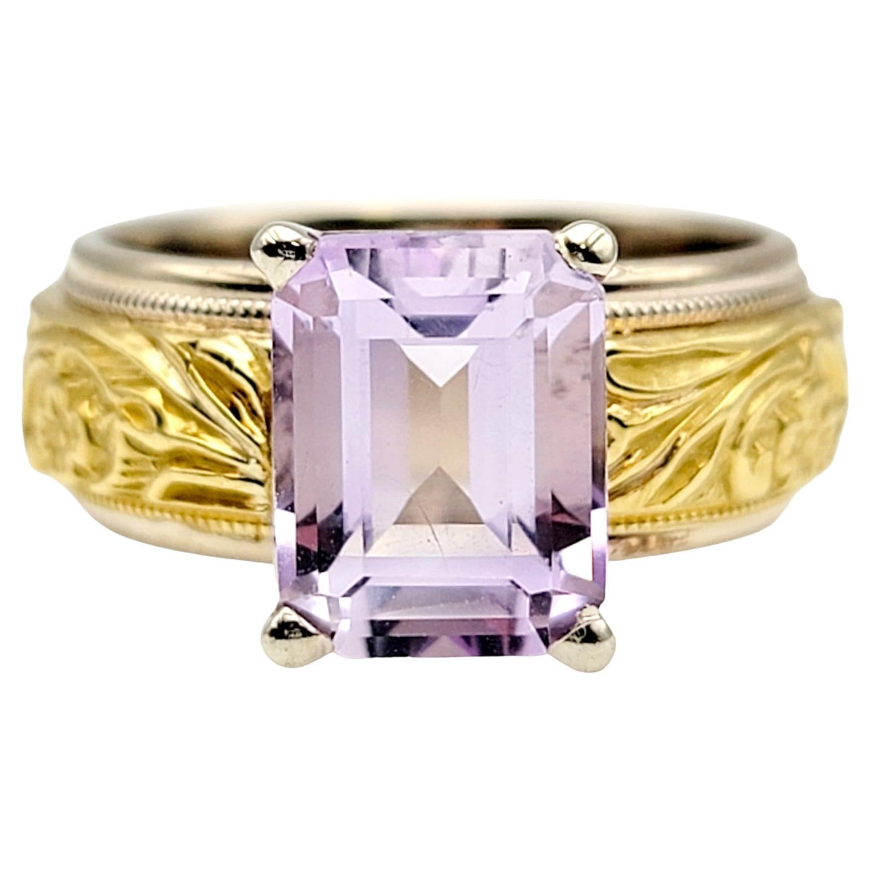 Emerald Cut Amethyst Solitaire Ring with Ornate Engraved Band in 18 Karat Gold