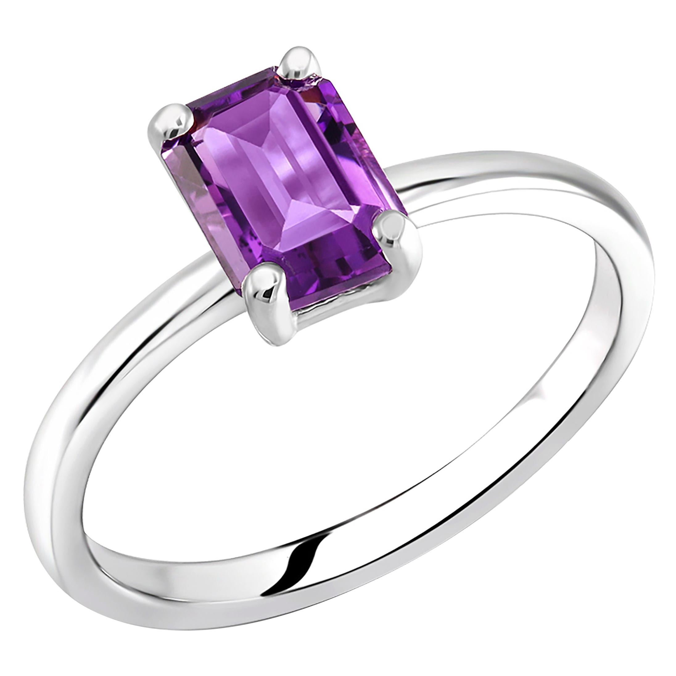 Emerald Cut Amethyst Solitaire Sterling Silver Ring