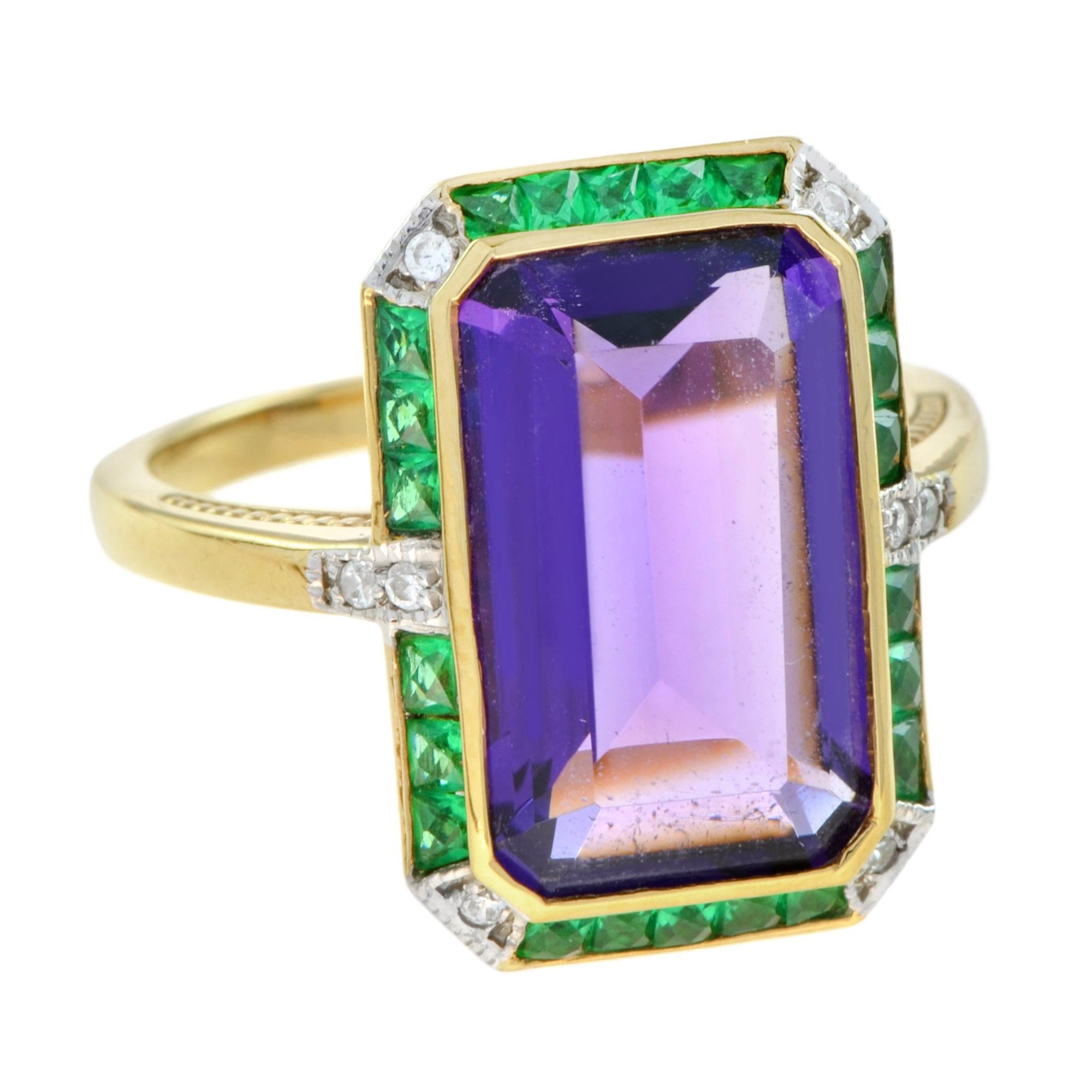 For Sale:  Emerald Cut Amethyst with Emerald and Diamond Art Deco Style Cocktail Ring 2