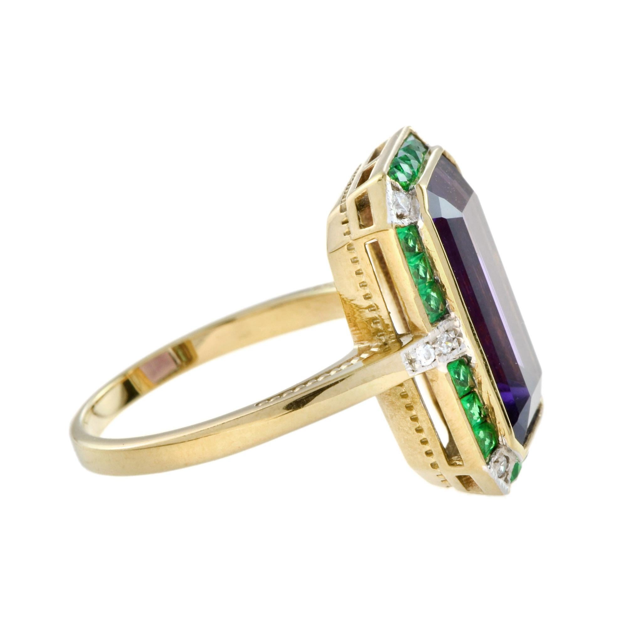 For Sale:  Emerald Cut Amethyst with Emerald and Diamond Art Deco Style Cocktail Ring 3