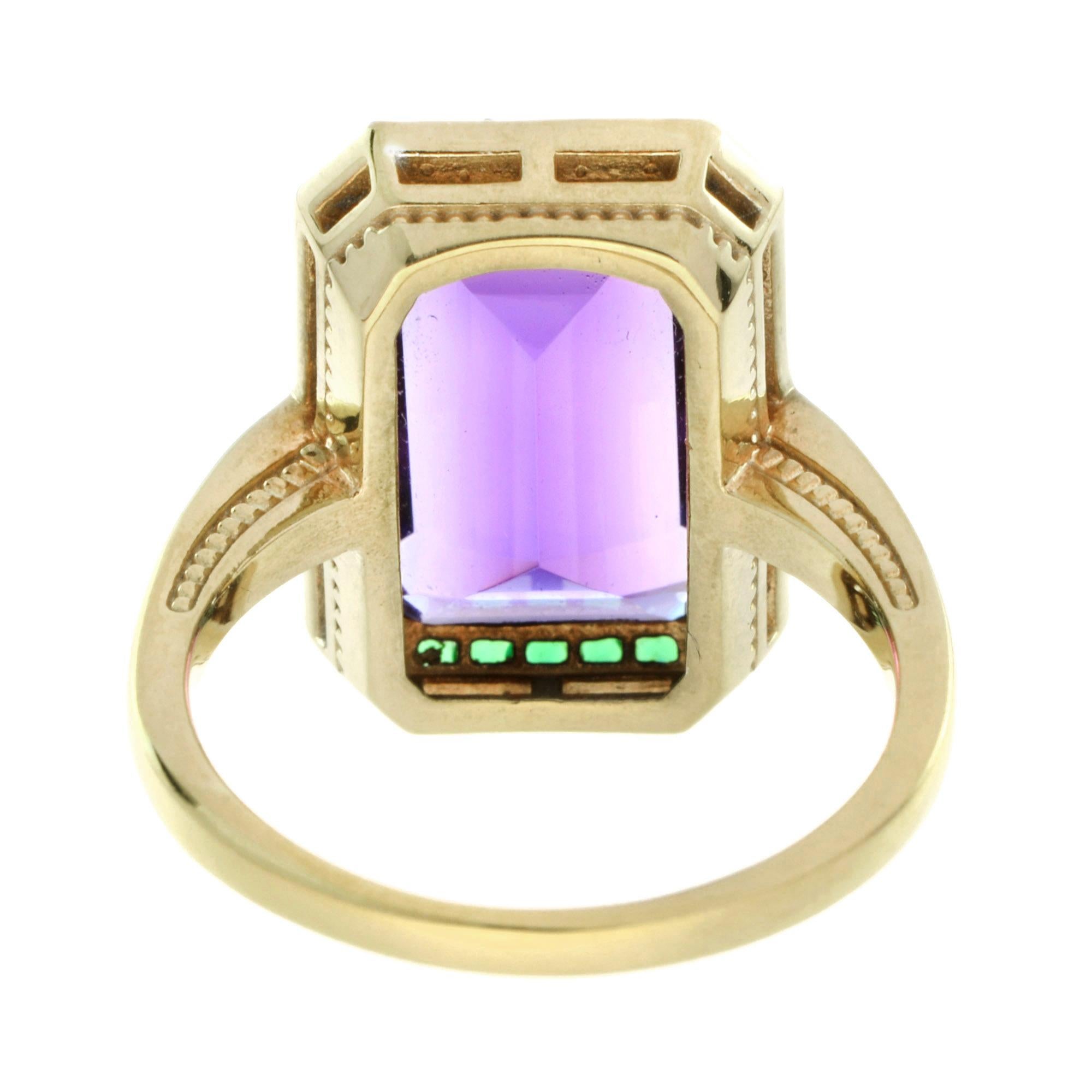 For Sale:  Emerald Cut Amethyst with Emerald and Diamond Art Deco Style Cocktail Ring 4