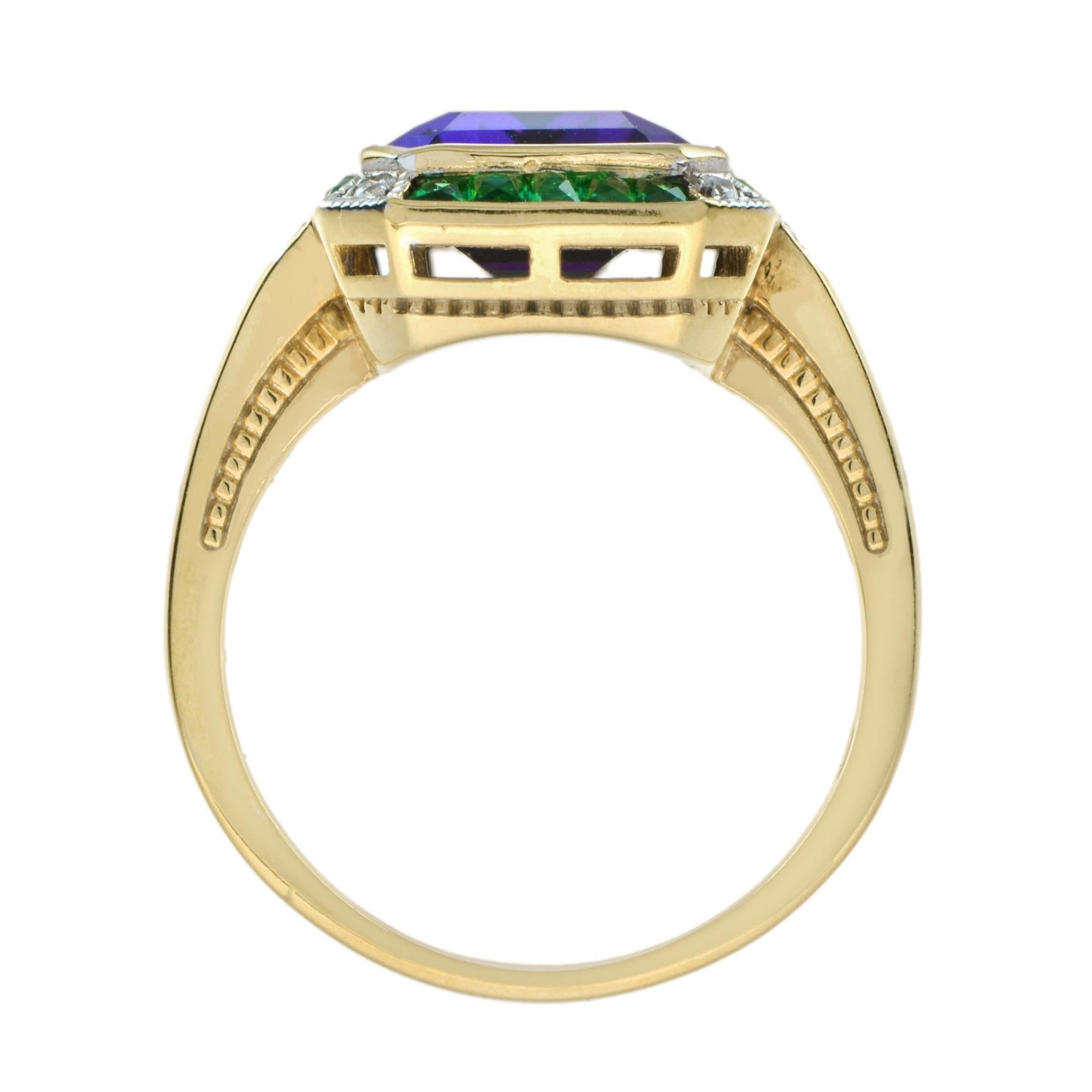 For Sale:  Emerald Cut Amethyst with Emerald and Diamond Art Deco Style Cocktail Ring 5