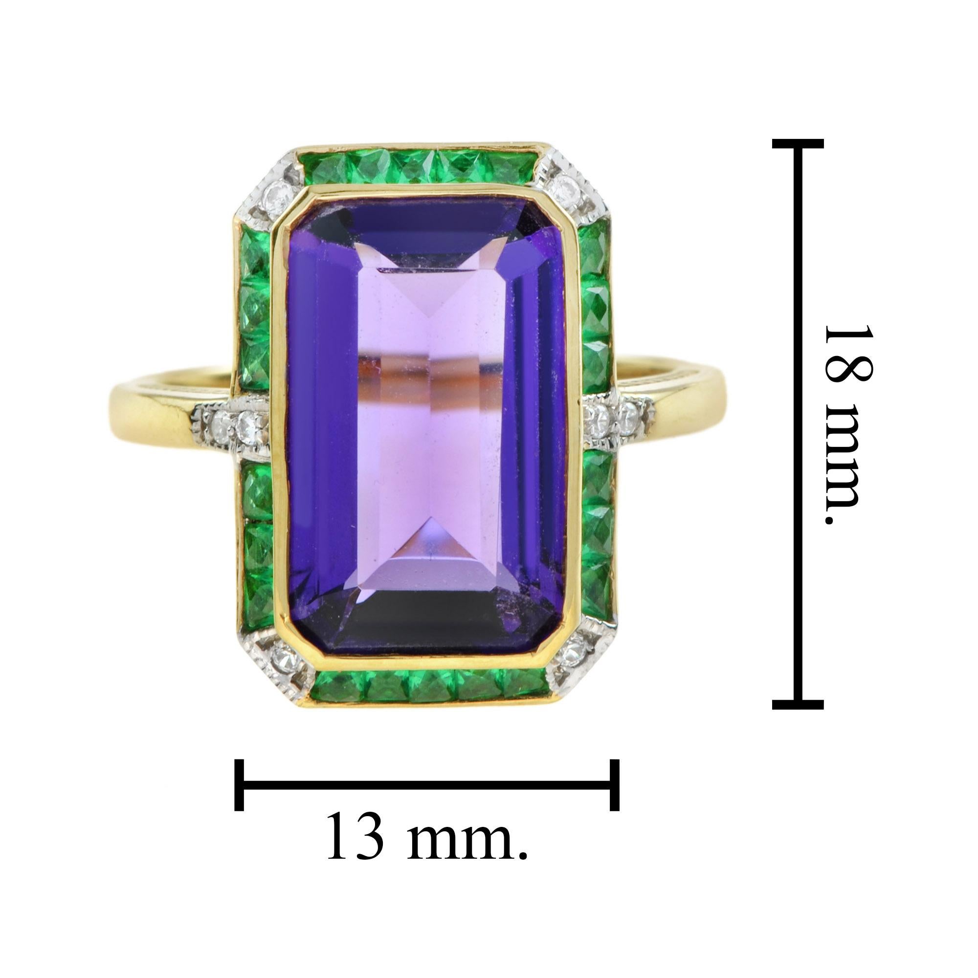 Emerald Cut Amethyst with Emerald and Diamond Art Deco Style Cocktail Ring 6