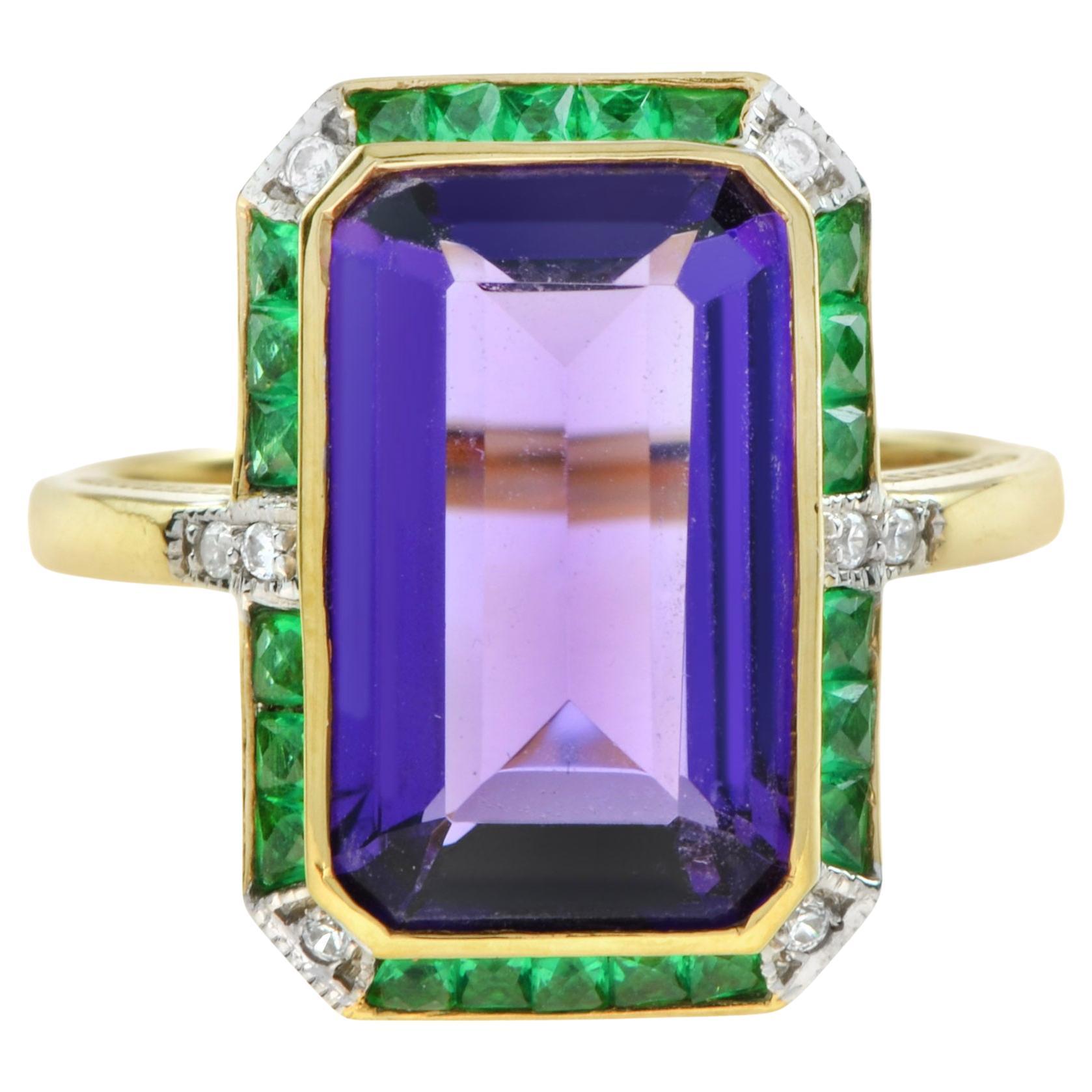 For Sale:  Emerald Cut Amethyst with Emerald and Diamond Art Deco Style Cocktail Ring
