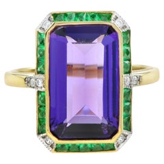 Emerald Cut Amethyst with Emerald and Diamond Art Deco Style Cocktail Ring