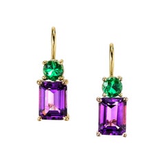 Emerald Cut Amethyst with Round Tsavorite 18 Karat Rose Yellow Gold Earrings