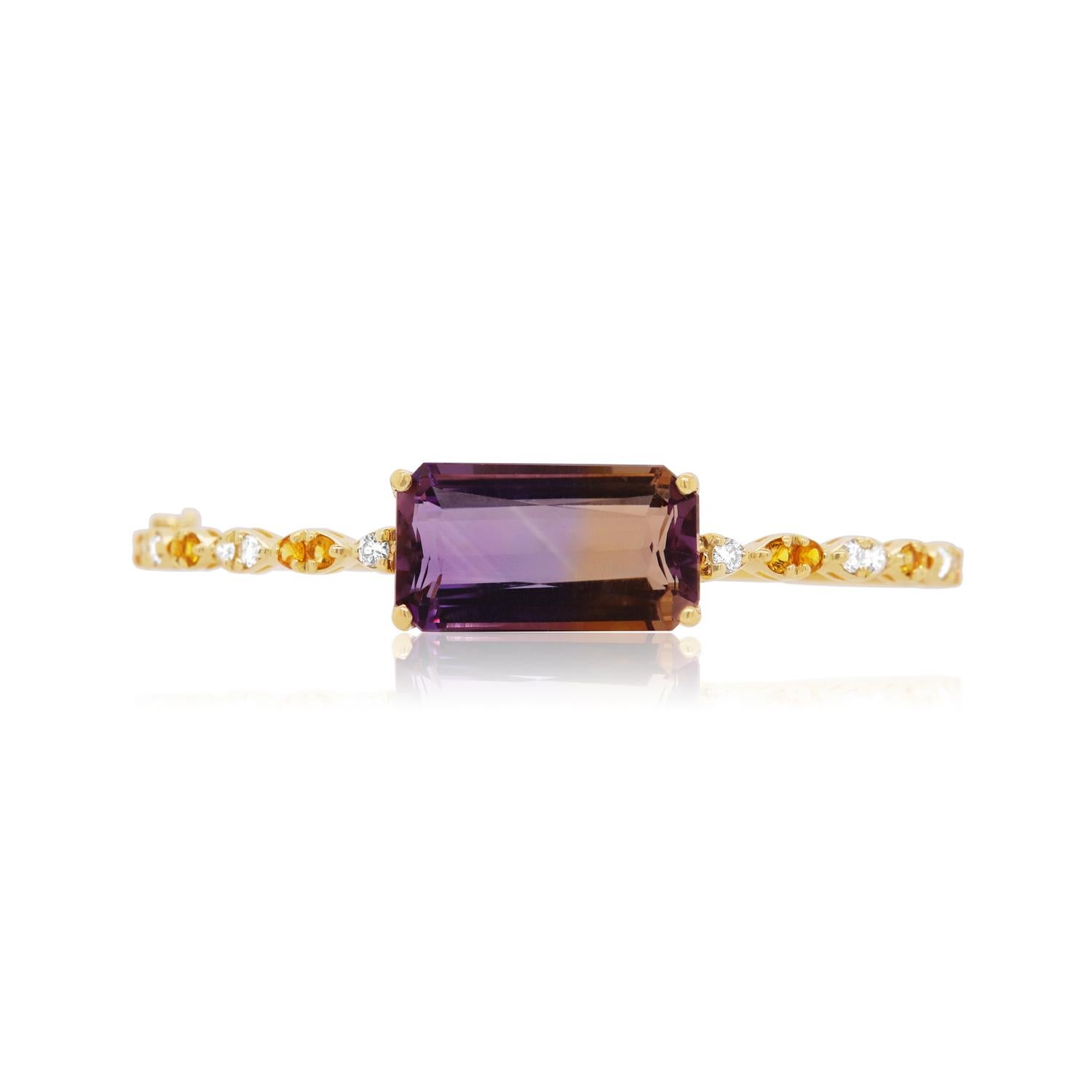 Contemporary Emerald Cut Ametrine 14K Yellow Gold Diamond Bangle with Yellow Sapphires For Sale