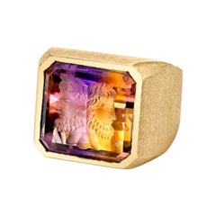 Emerald Cut Ametrine Hand Carved "Janus" Head 14 Karat Yellow Gold