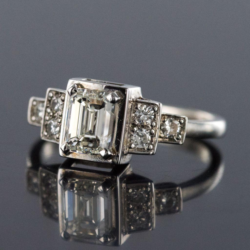 Art Deco Style Emerald Cut And Brilliant Cut Diamond Gold Ring 9