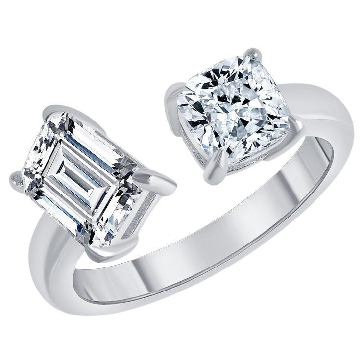 For Sale:  Emerald Cut and Cushion Diamond Two Stone Engagement Ring 1.00 Carat
