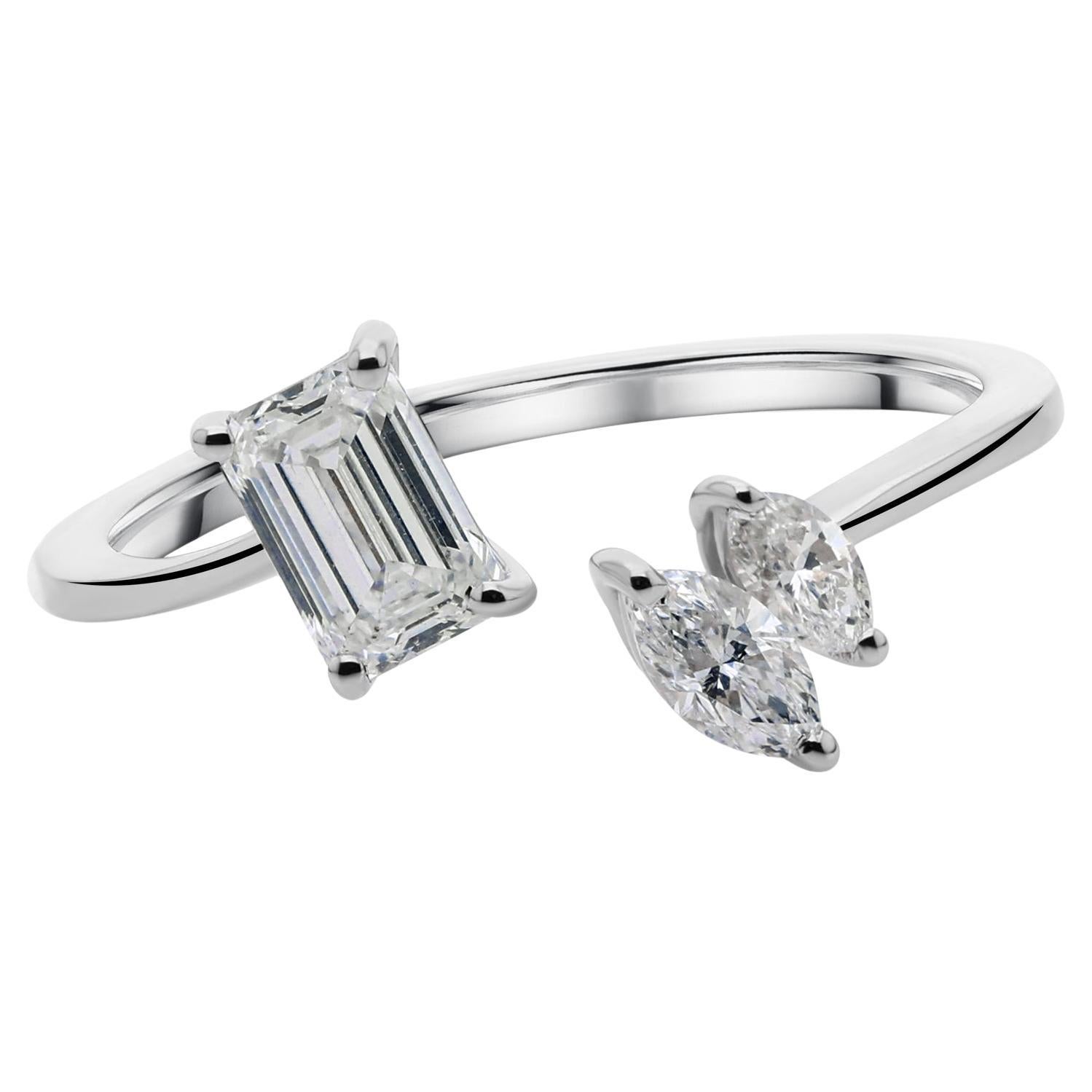 Emerald Cut and Marquise Diamond Open Cuff Ring 18K White Gold Fine Jewelry