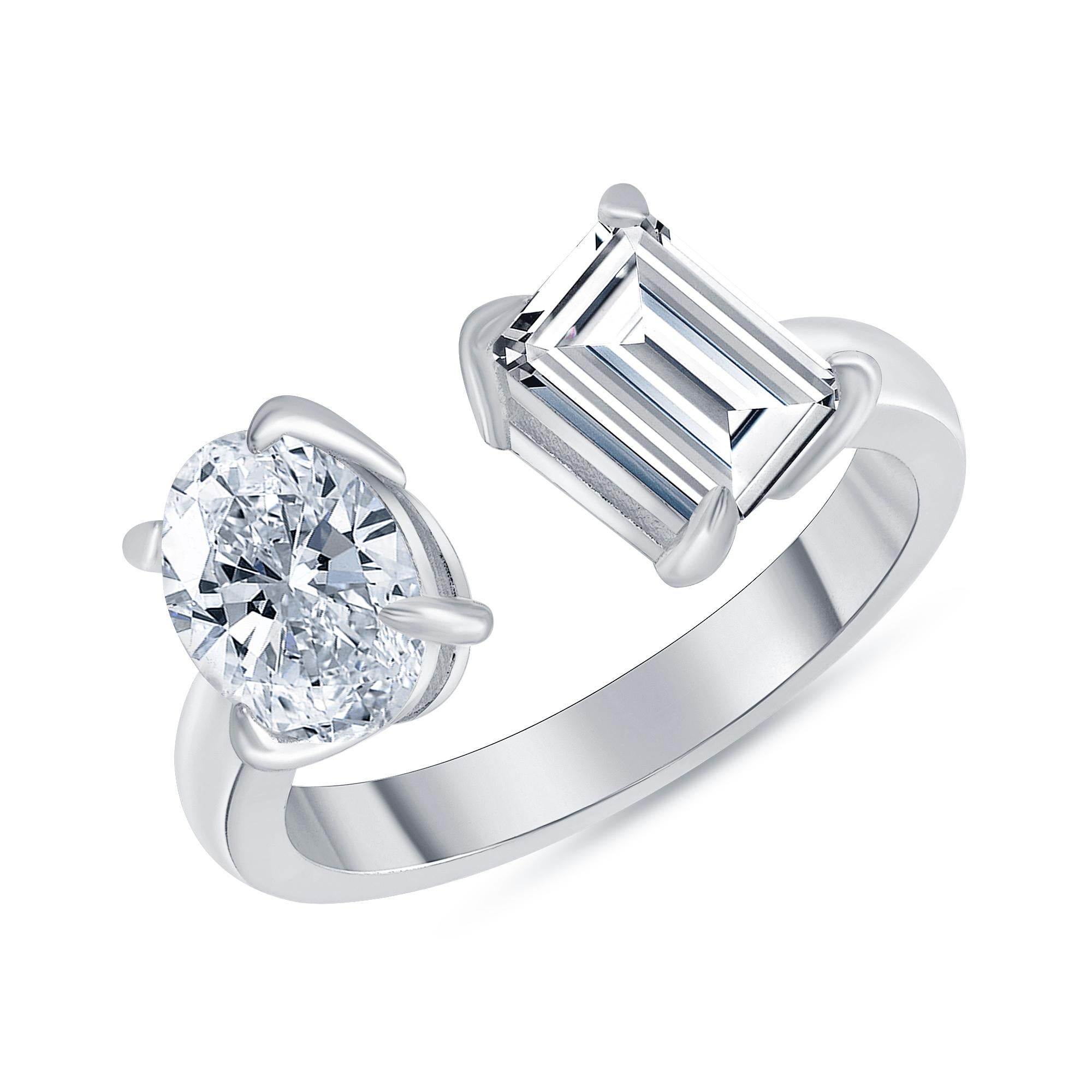 For Sale:  Emerald Cut and Oval Diamond Two Stone Engagement Ring 1.00 Carat 3