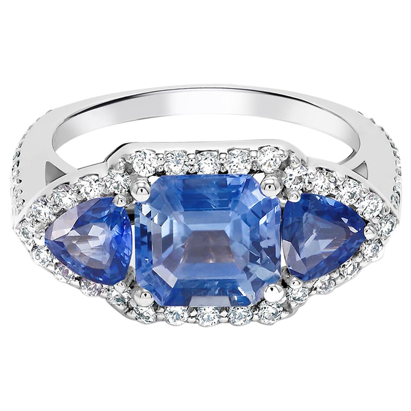 Oval Cut 18 Karat White Gold Emerald Cut Ceylon Sapphire Diamond Trillion Sapphires Ring 
