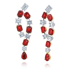 Emerald Cut and Pear Shape Ruby and Diamond Platinum and 18k Earrings