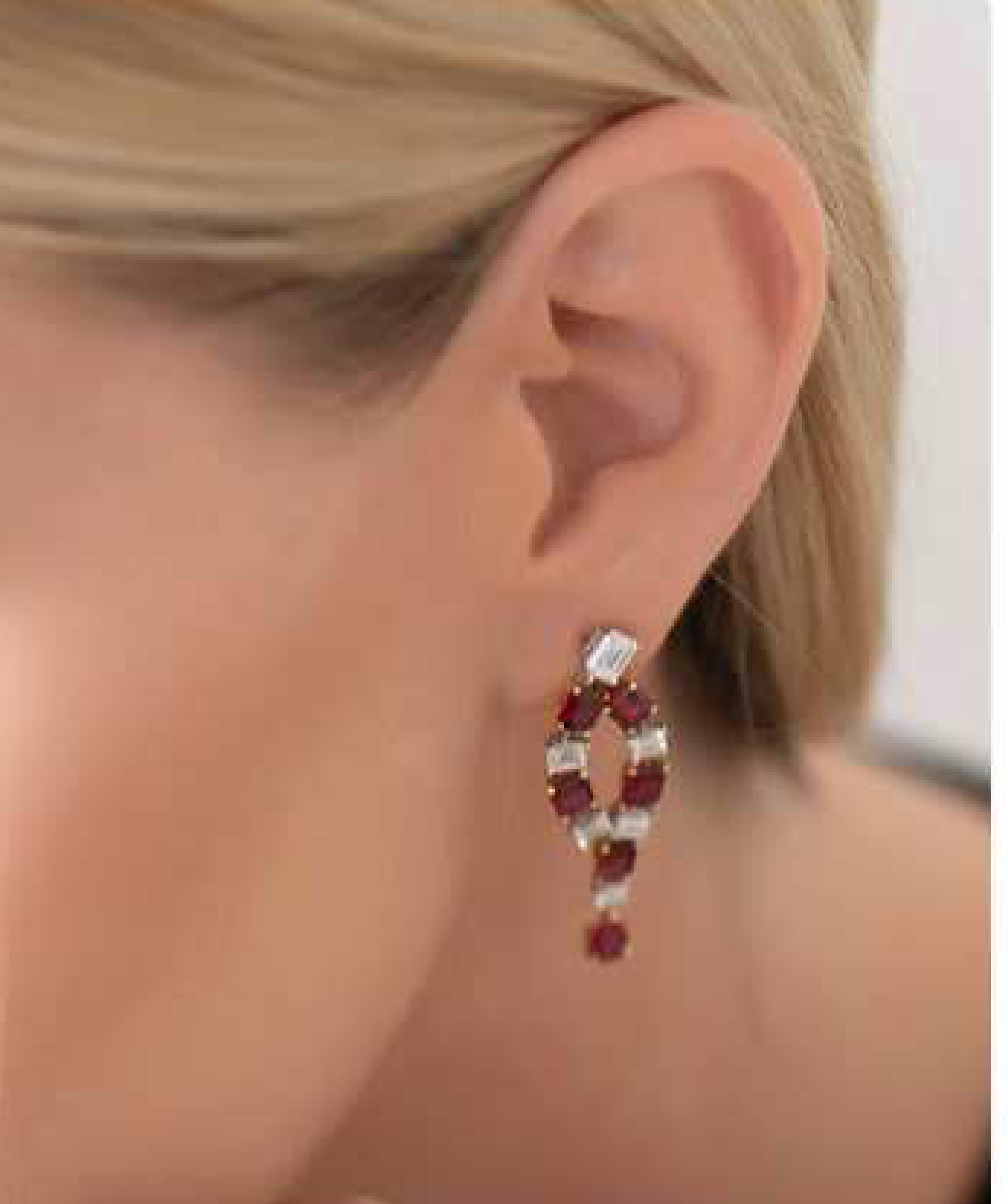 Emerald Cut and Pear Shape Ruby and Diamond Platinum and 18k Earrings In New Condition In New York, NY