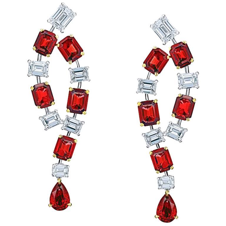 Emerald Cut and Pear Shape Ruby and Diamond Platinum and 18k Earrings