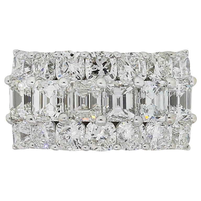 Emerald Cut and Round Brilliant Diamond Three-Row Wide Ring