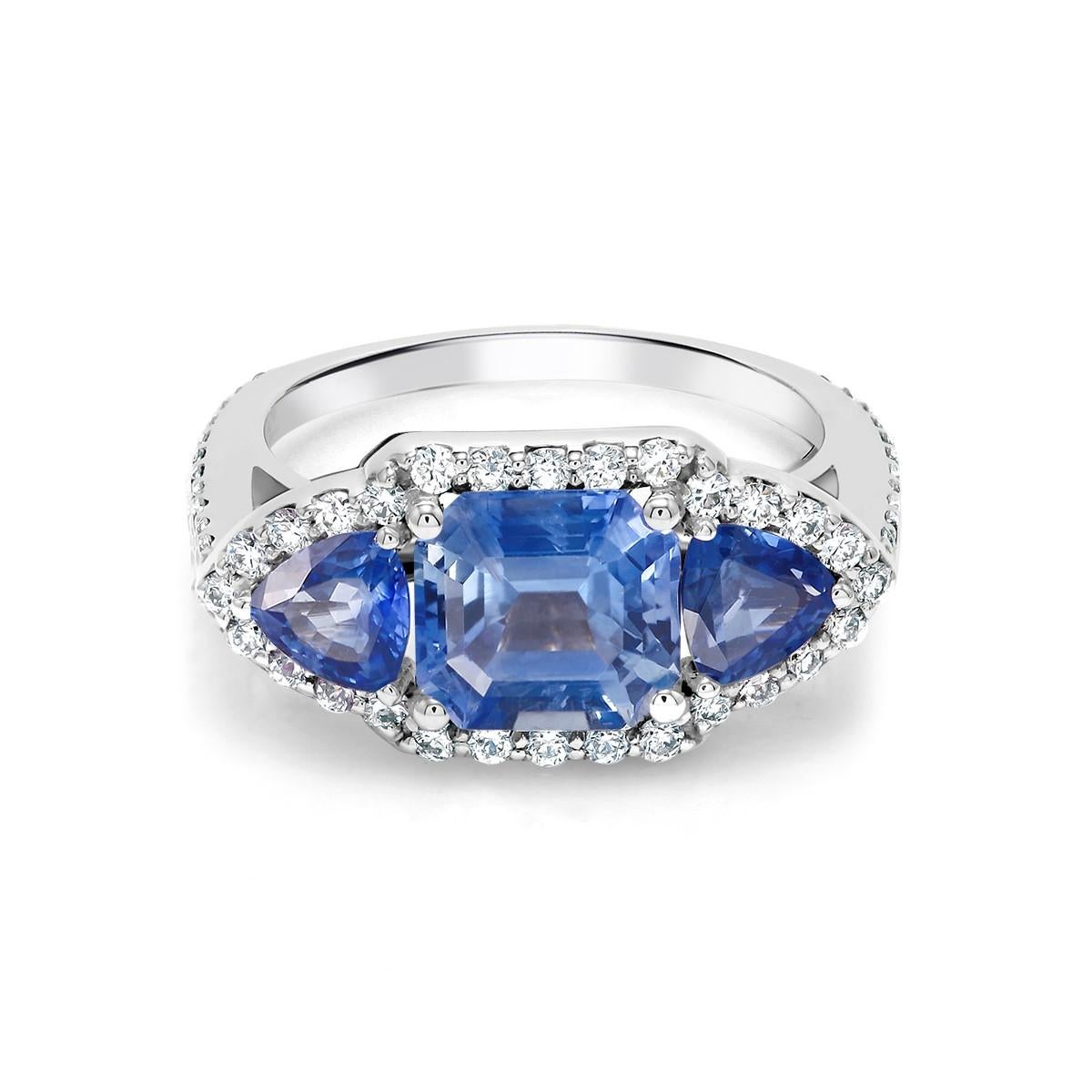 18 Karat White Gold Emerald Cut Ceylon Sapphire Diamond Trillion Sapphires Ring  6