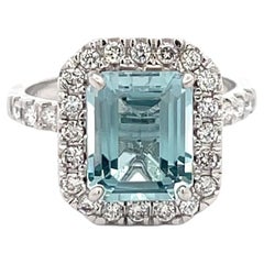 Emerald Cut Aquamarine (3.01ct) and Diamond Ring in 14k White Gold