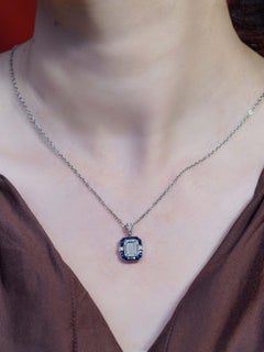 Emerald Cut Aquamarine and Diamond Art Deco Style Pendant in 14K White Gold