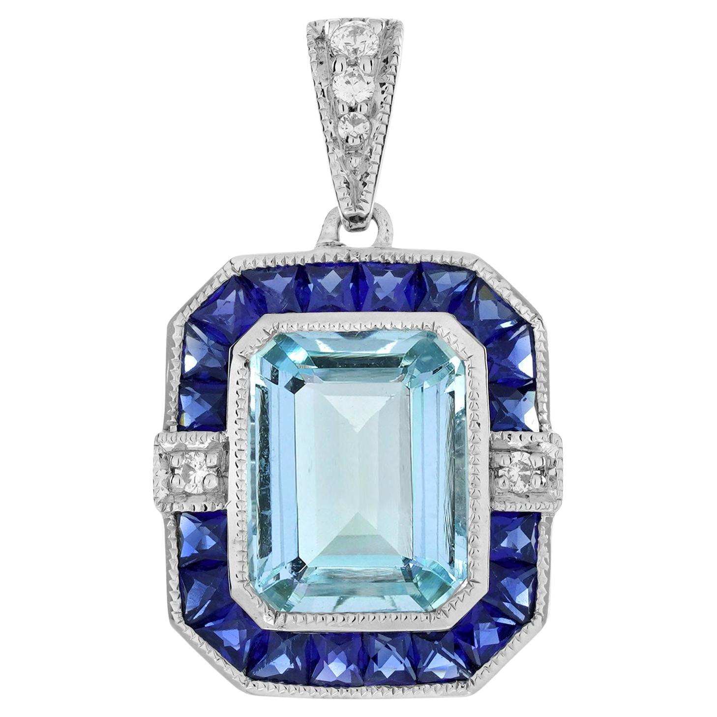 Aquamarin im Smaragdschliff und Diamant-Anhänger im Art-Déco-Stil aus 14 Karat Weißgold