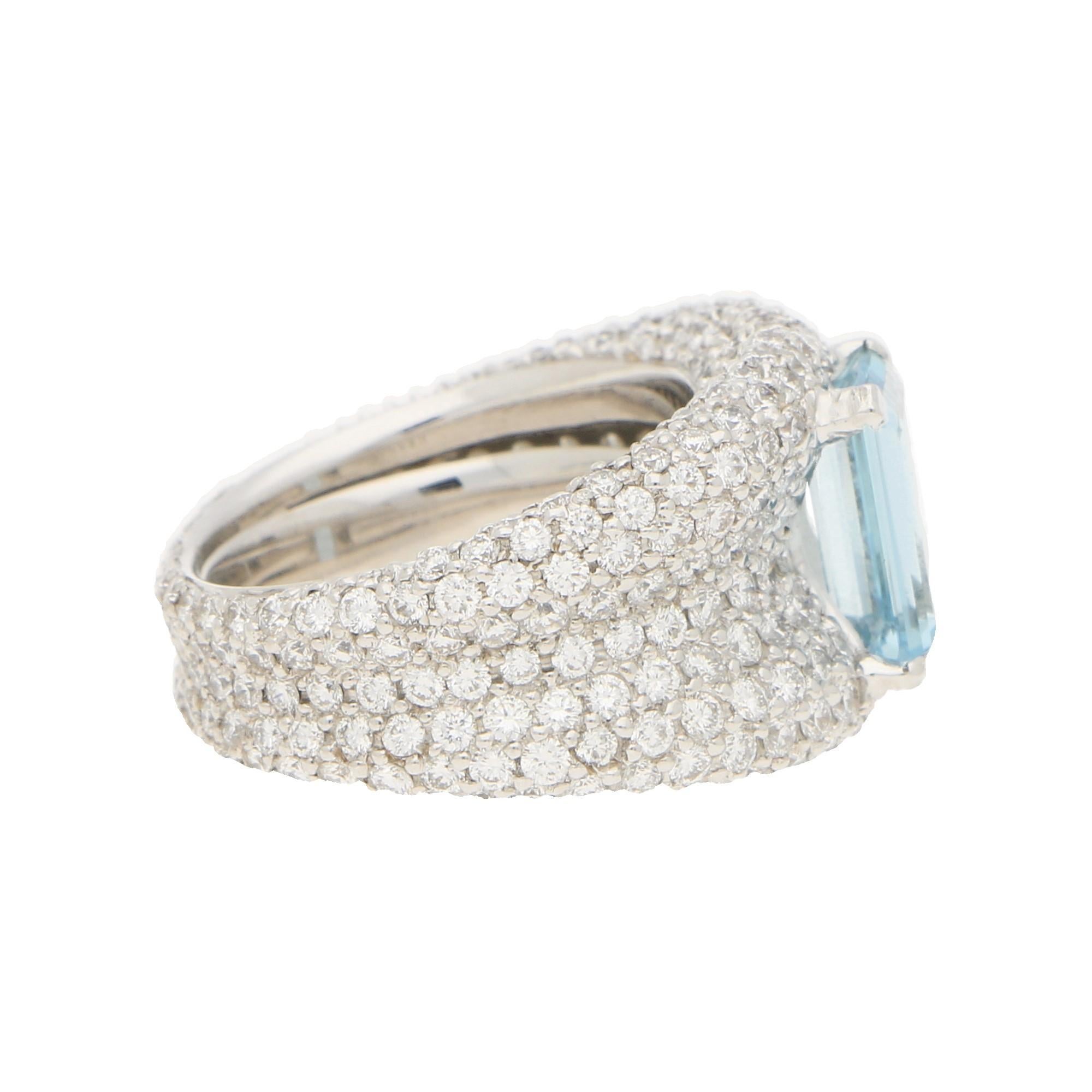 Women's or Men's Emerald Cut Aquamarine and Diamond Bombe Ring in 18 Karat White Gold For Sale