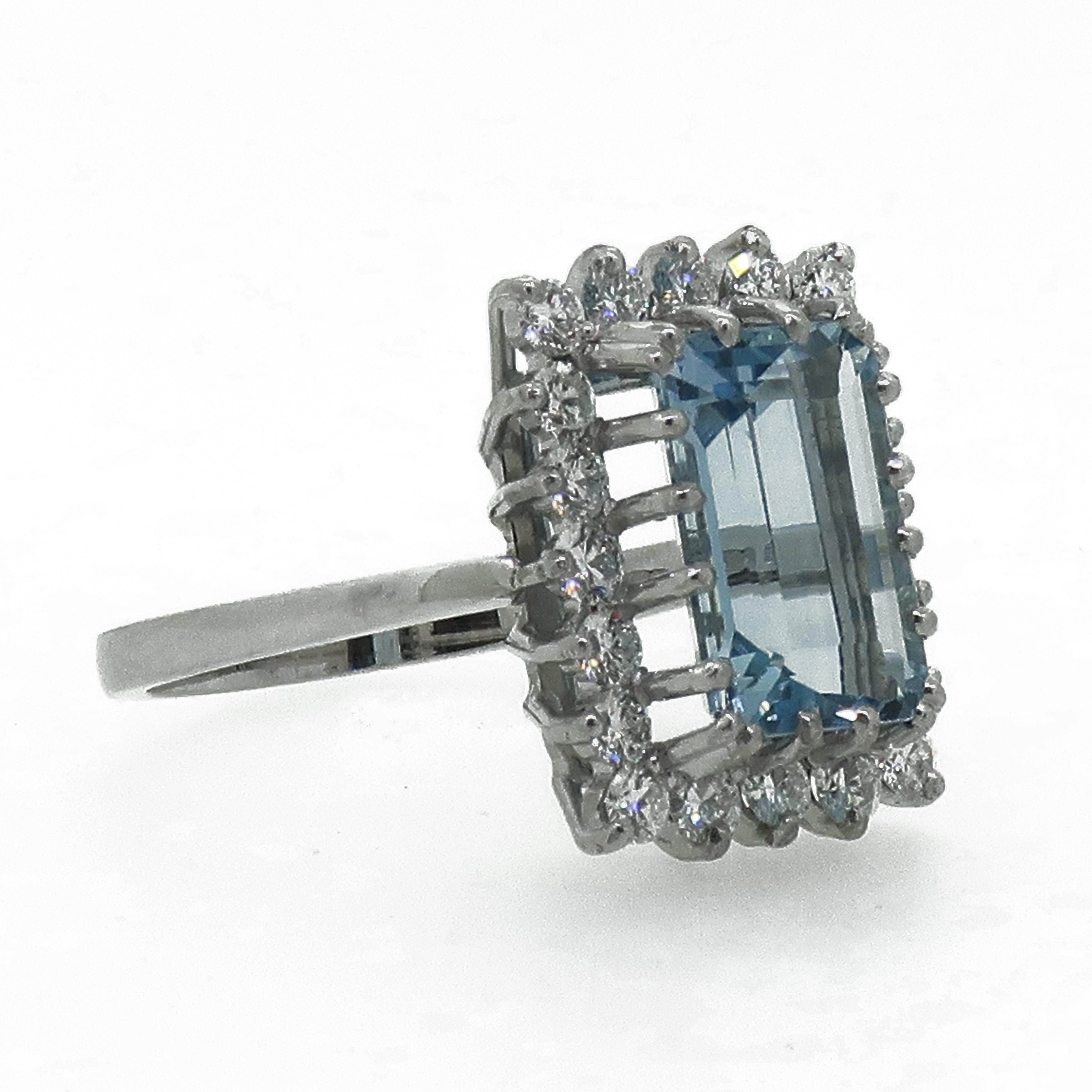 Women's Emerald Cut Aquamarine and Diamond Claw Set Cluster Ring 18 Karat White Gold