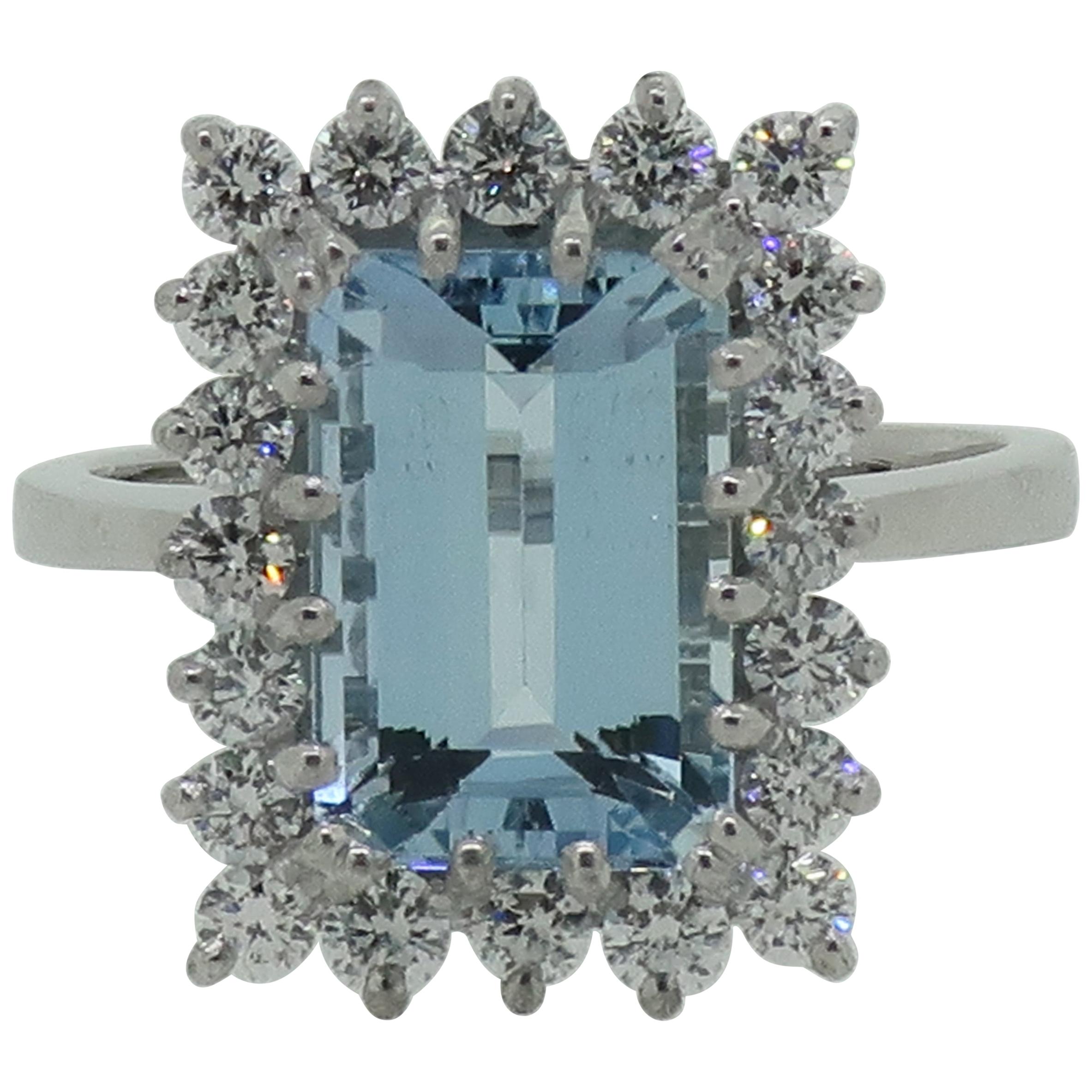 Emerald Cut Aquamarine and Diamond Claw Set Cluster Ring 18 Karat White Gold