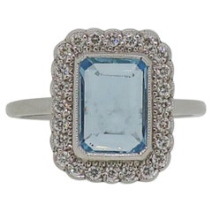Emerald Cut Aquamarine and Diamond Cluster Ring 9 Karat White Gold