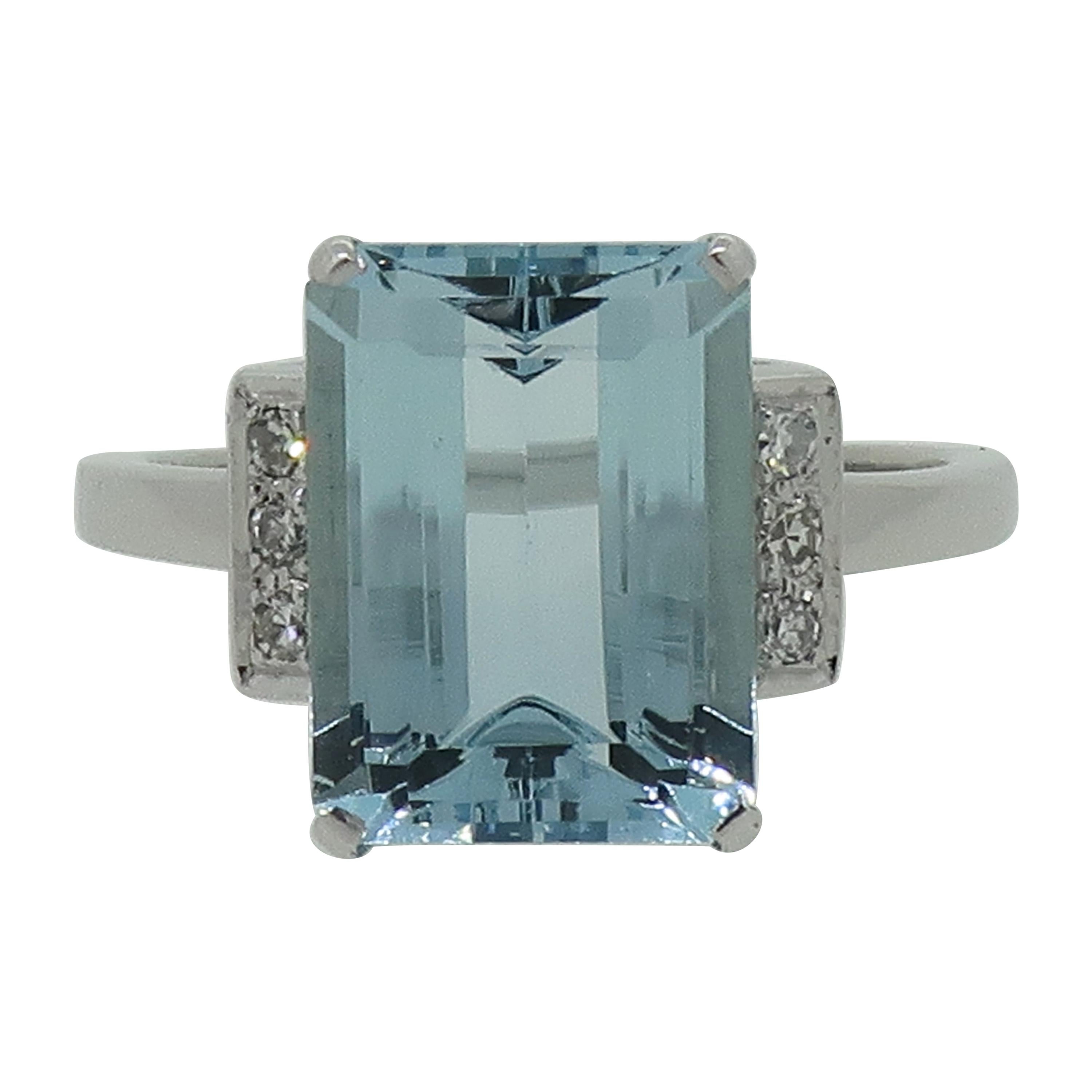 Emerald Cut Aquamarine and Diamond Cocktail Ring