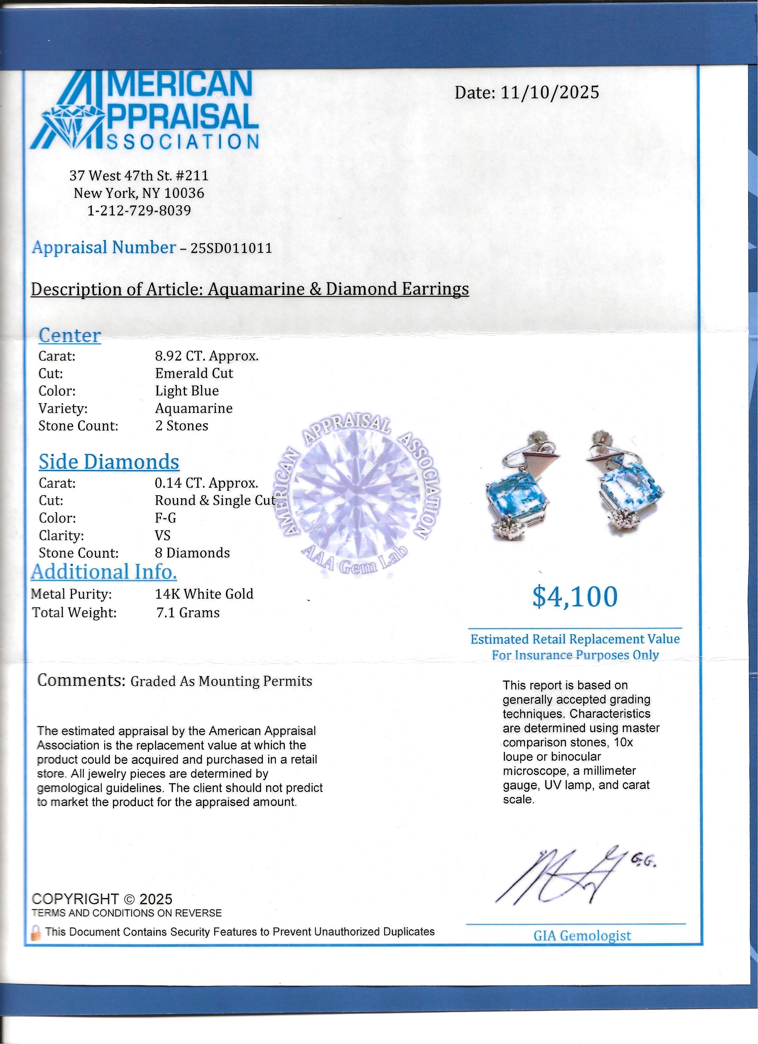 Boucles d'oreilles pendantes en or blanc avec aigue-marine taillée en émeraude et diamant et anneaux vissés en vente 4