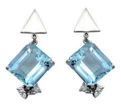 Emerald Cut Aquamarine and Diamond Dangle Earrings with Screw Backs White Gold