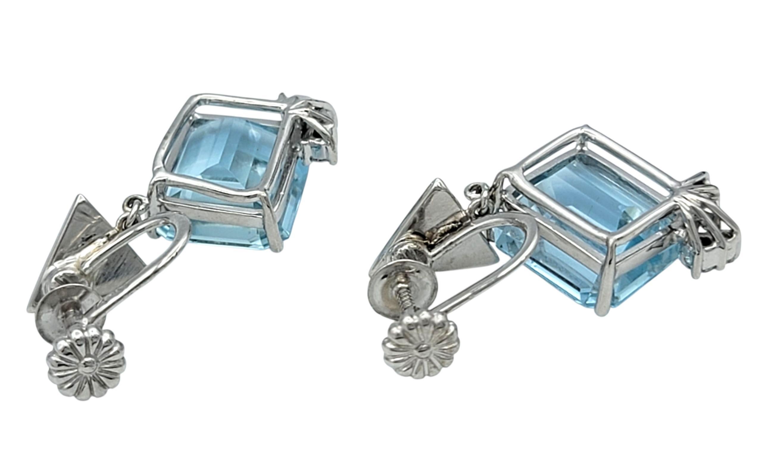 Boucles d'oreilles pendantes en or blanc avec aigue-marine taillée en émeraude et diamant et anneaux vissés Pour femmes en vente