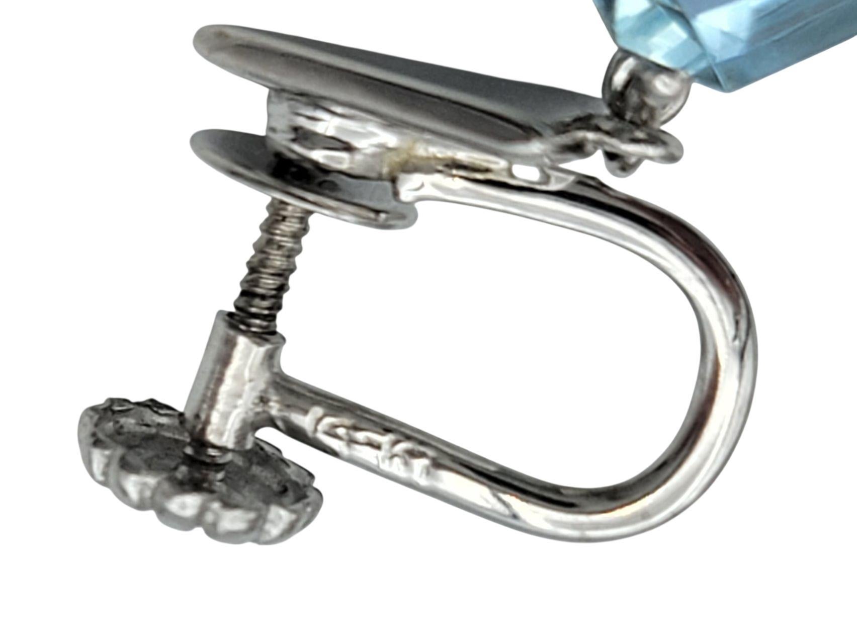 Boucles d'oreilles pendantes en or blanc avec aigue-marine taillée en émeraude et diamant et anneaux vissés en vente 1