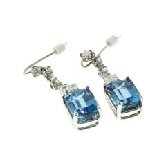 Emerald Cut Aquamarine and Diamond Drop Dangle White Gold Earrings
