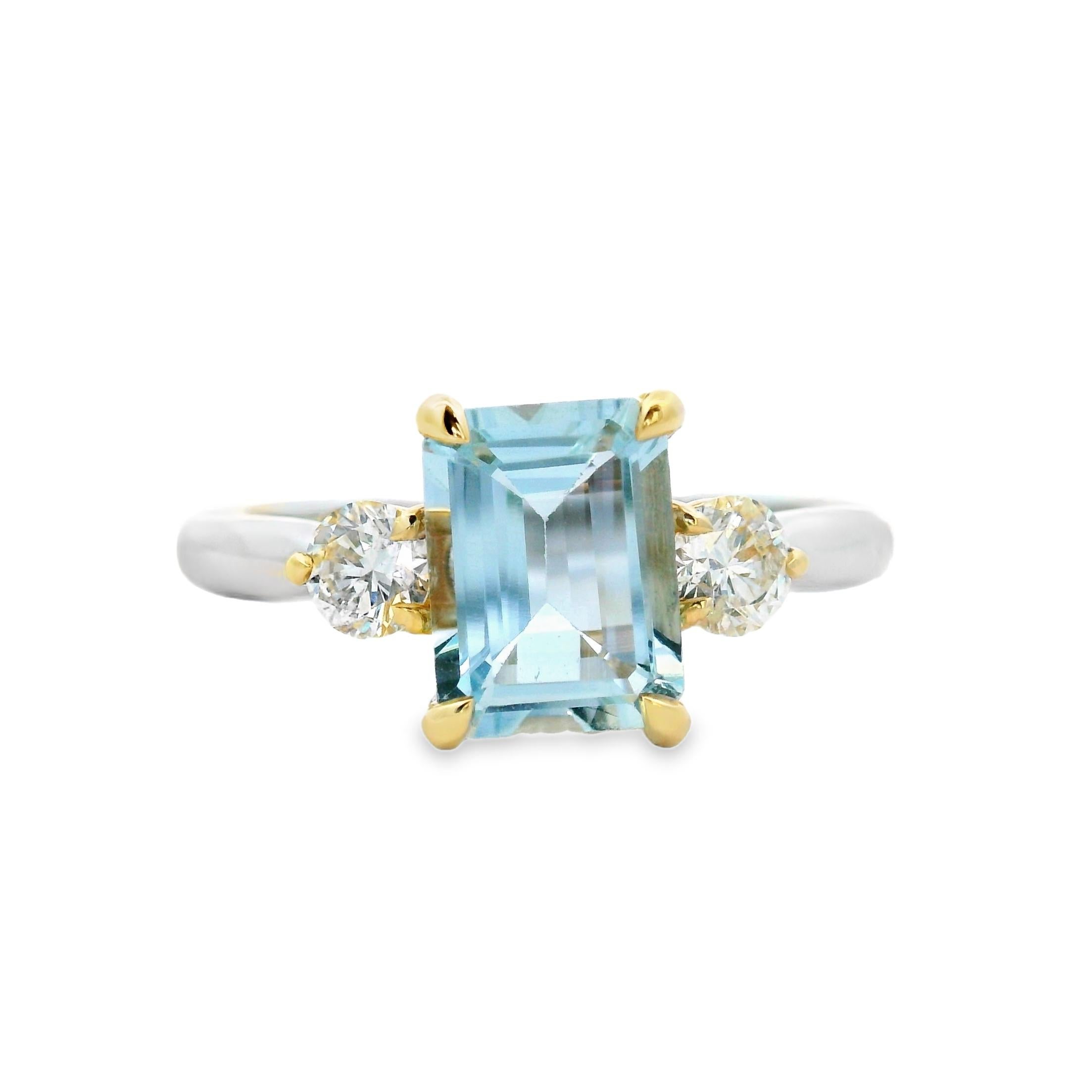 Emerald Cut Emerald-Cut Aquamarine and Diamond Ring 1.25ct in Two-Tone Gold Size 7 For Sale