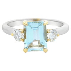 Bague aigue-marine taille émeraude et diamant 1,25ct en or bicolore Taille 7