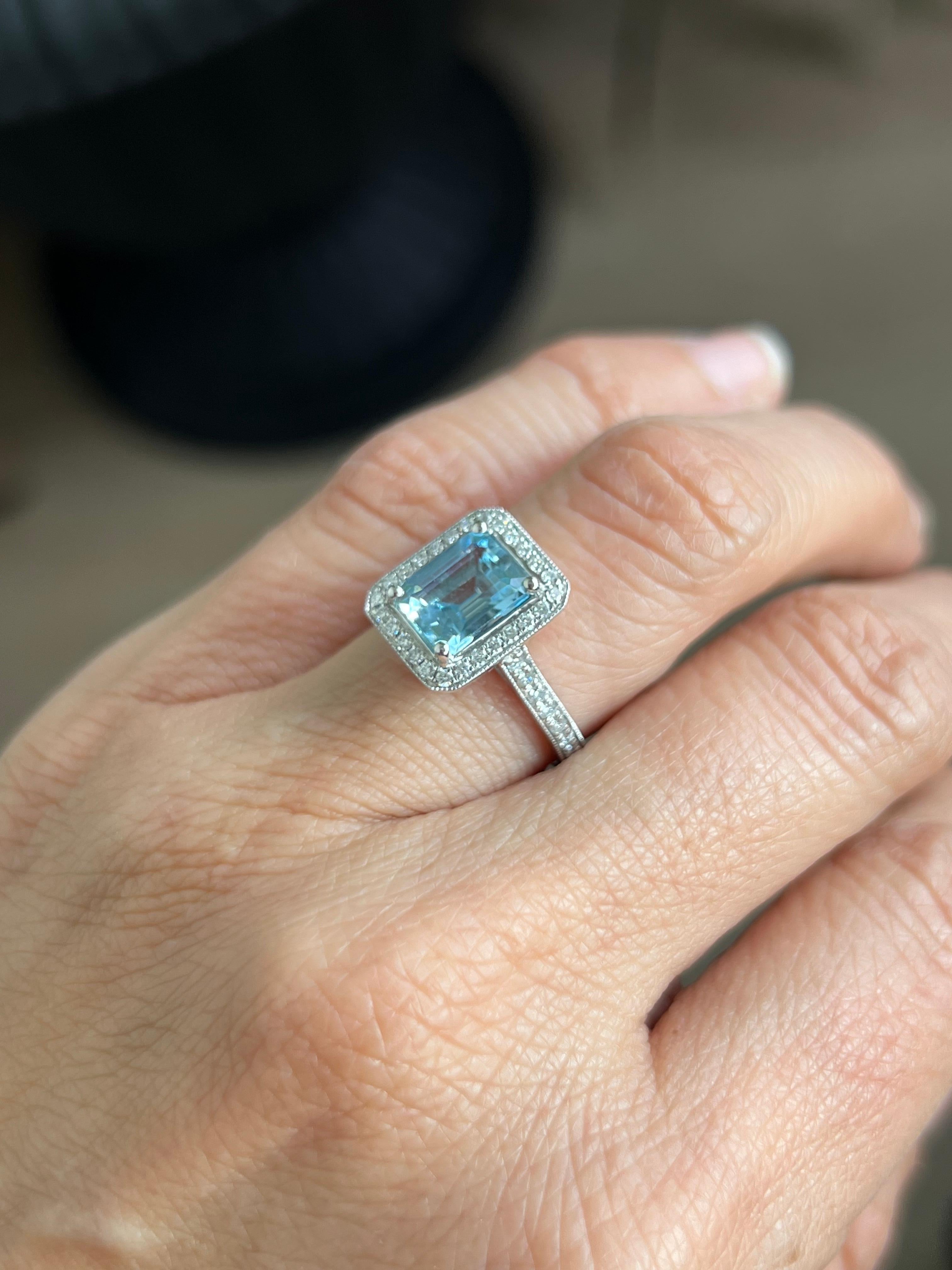 Emerald Cut Aquamarine and Diamond Ring For Sale 2
