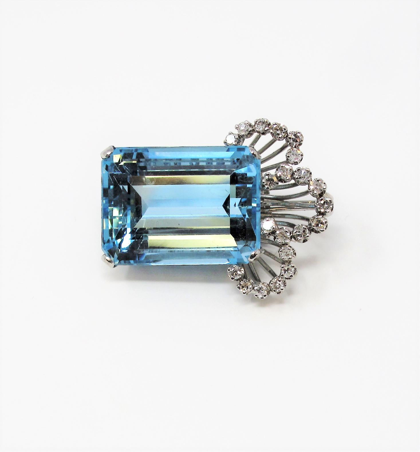 Emerald Cut Aquamarine and Pave Diamond Platinum Brooch or Pendant 27.99 Carat 5