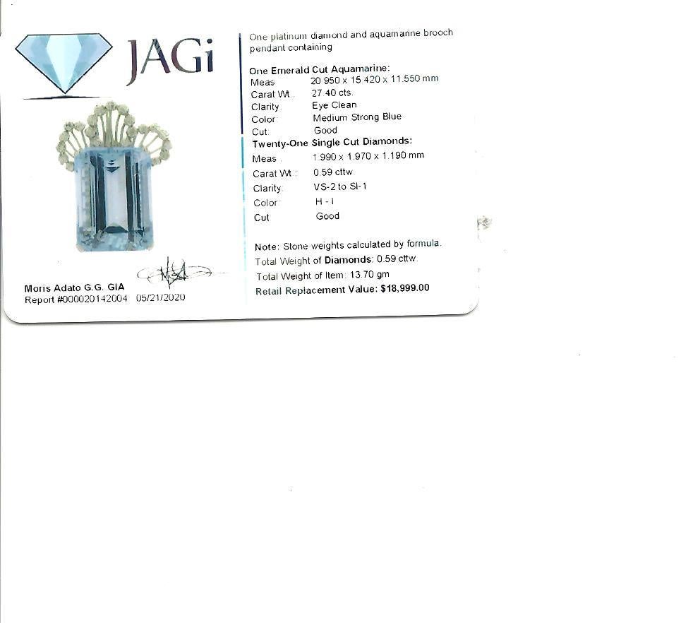 Emerald Cut Aquamarine and Pave Diamond Platinum Brooch or Pendant 27.99 Carat 7