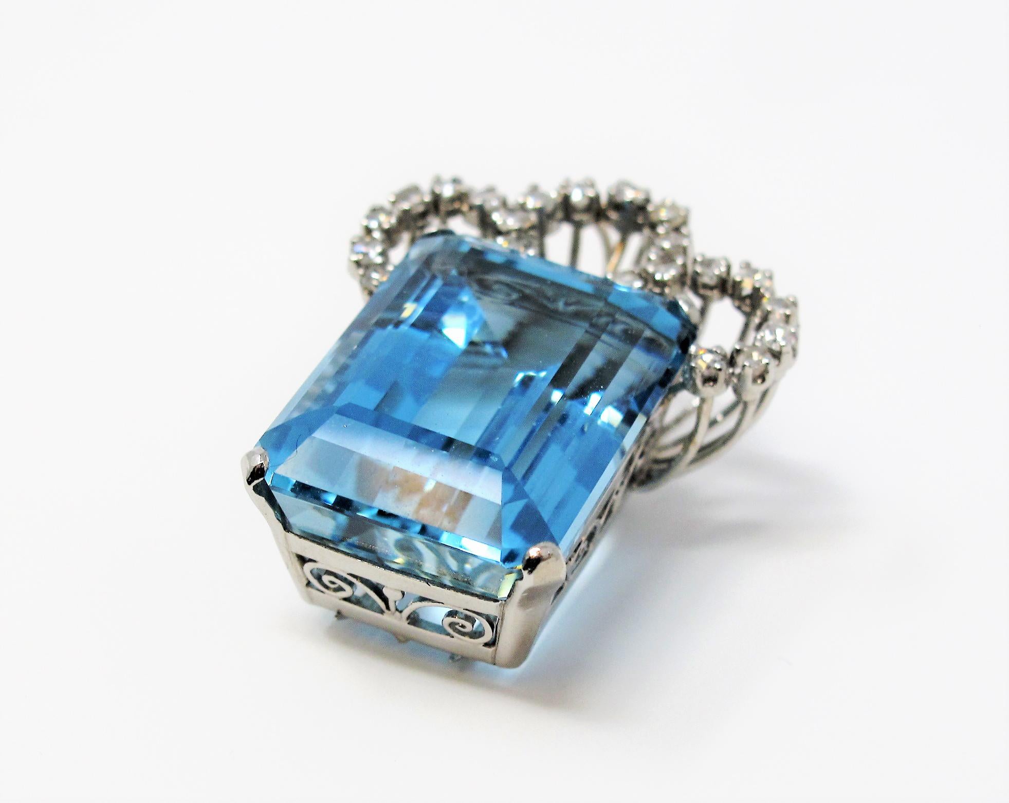 Emerald Cut Aquamarine and Pave Diamond Platinum Brooch or Pendant 27.99 Carat In Good Condition In Scottsdale, AZ